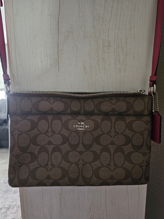 Coach Handbags - COACH Signature Canvas Brown Crossbody with Pink Strap